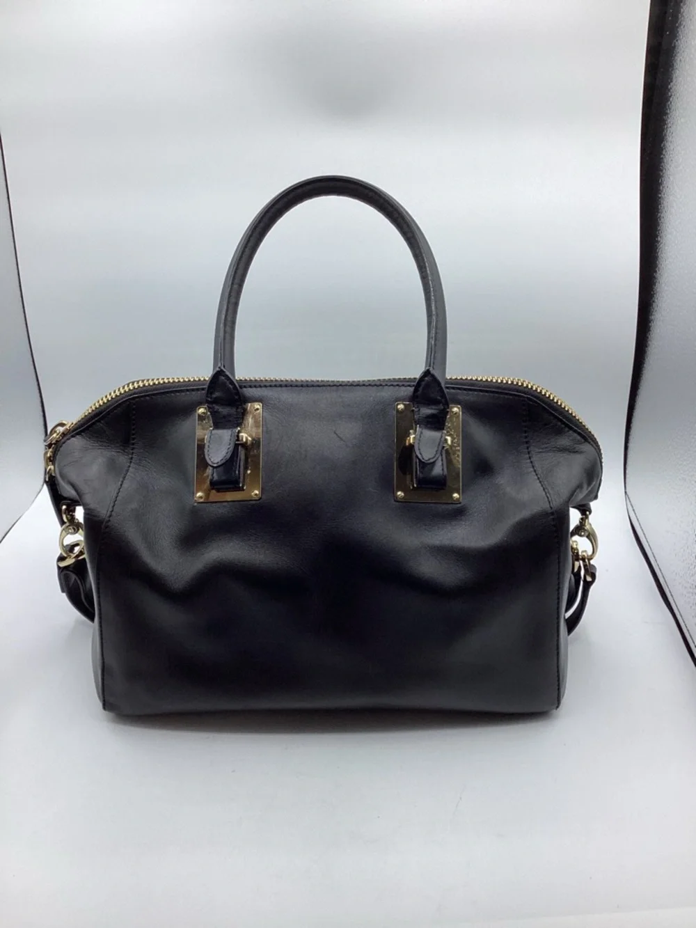 henri bendel Black Leather Satchel with Gold Hardware